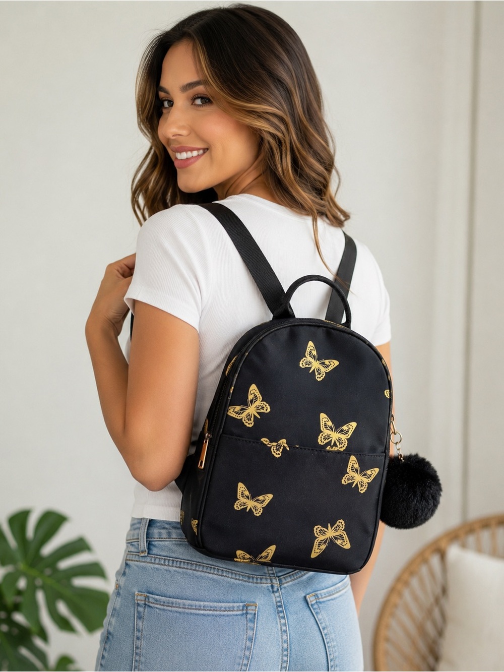Mini Black Nylon Backpack with Golden Butterfly Print – Like Dreams